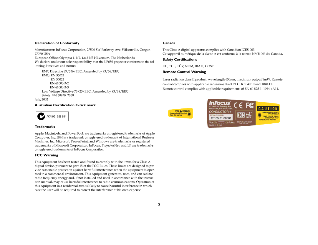 Apple LP 650 manual Declaration of Conformity, Australian Certification C-tick mark Trademarks, FCC Warning, Canada 