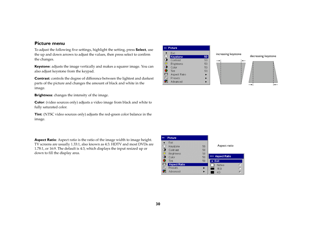 Apple LP 650 manual Picture menu 