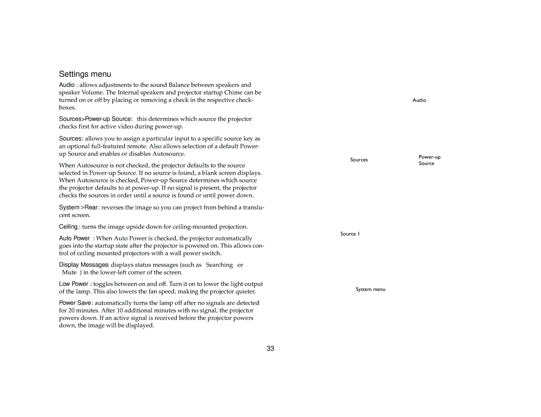 Apple LP 650 manual Settings menu 