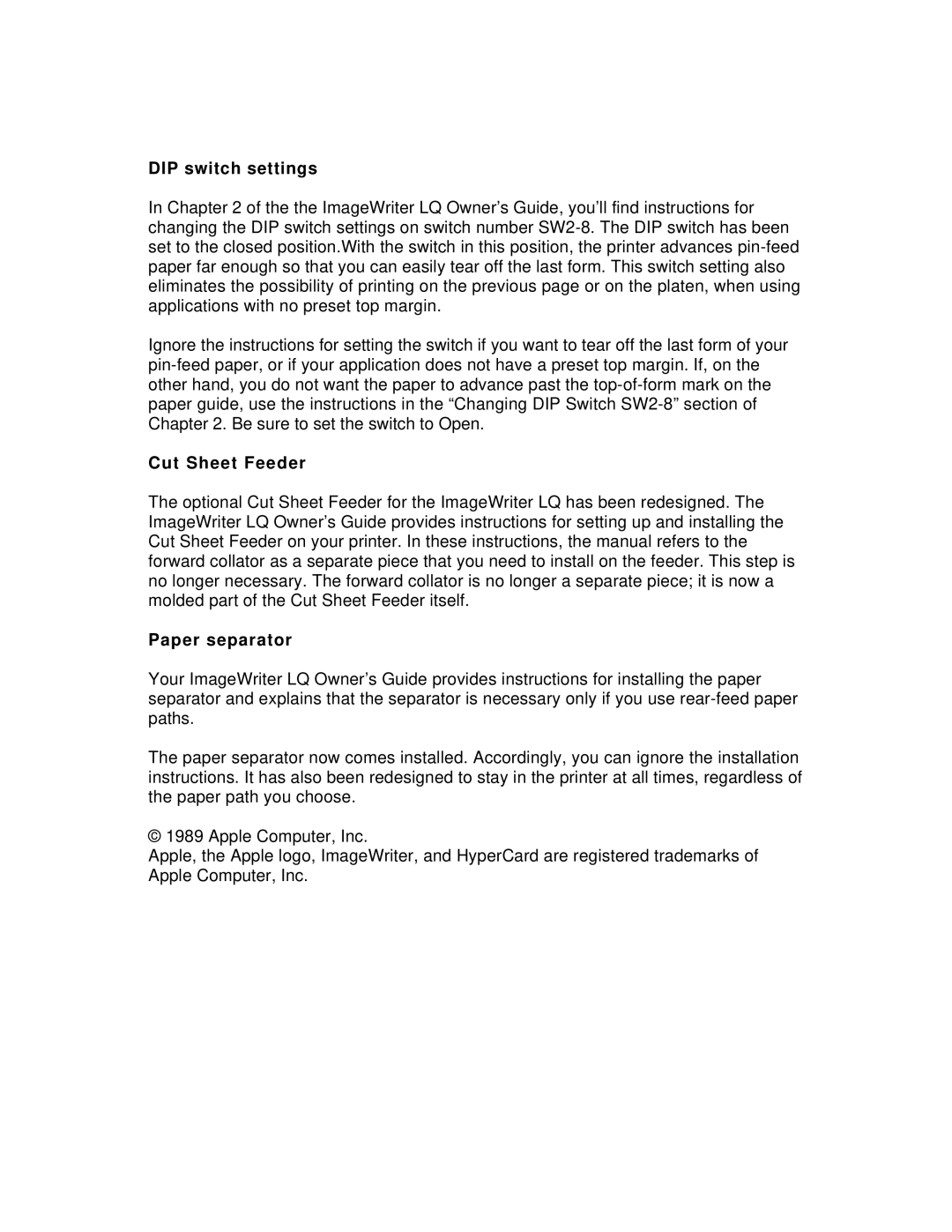 Apple LQ manual DIP switch settings, Cut Sheet Feeder, Paper separator 