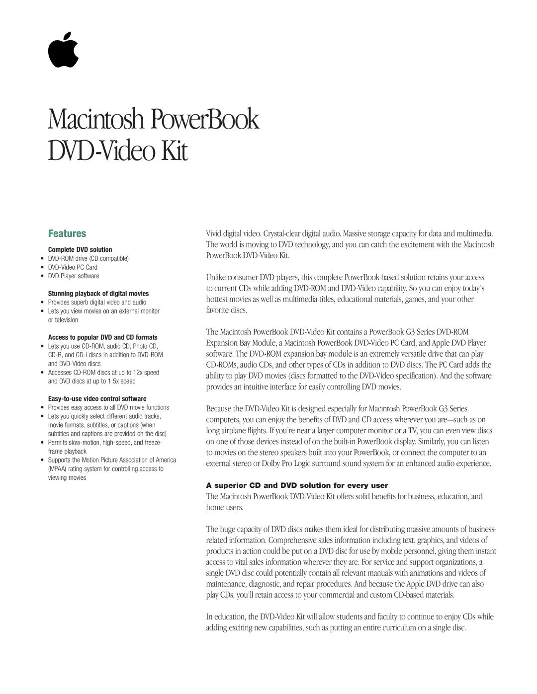 Apple M4753 manual Macintosh PowerBook DVD-Video Kit 