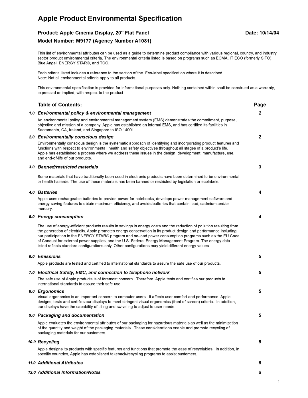 Apple M9177 warranty Apple Product Environmental Specification 