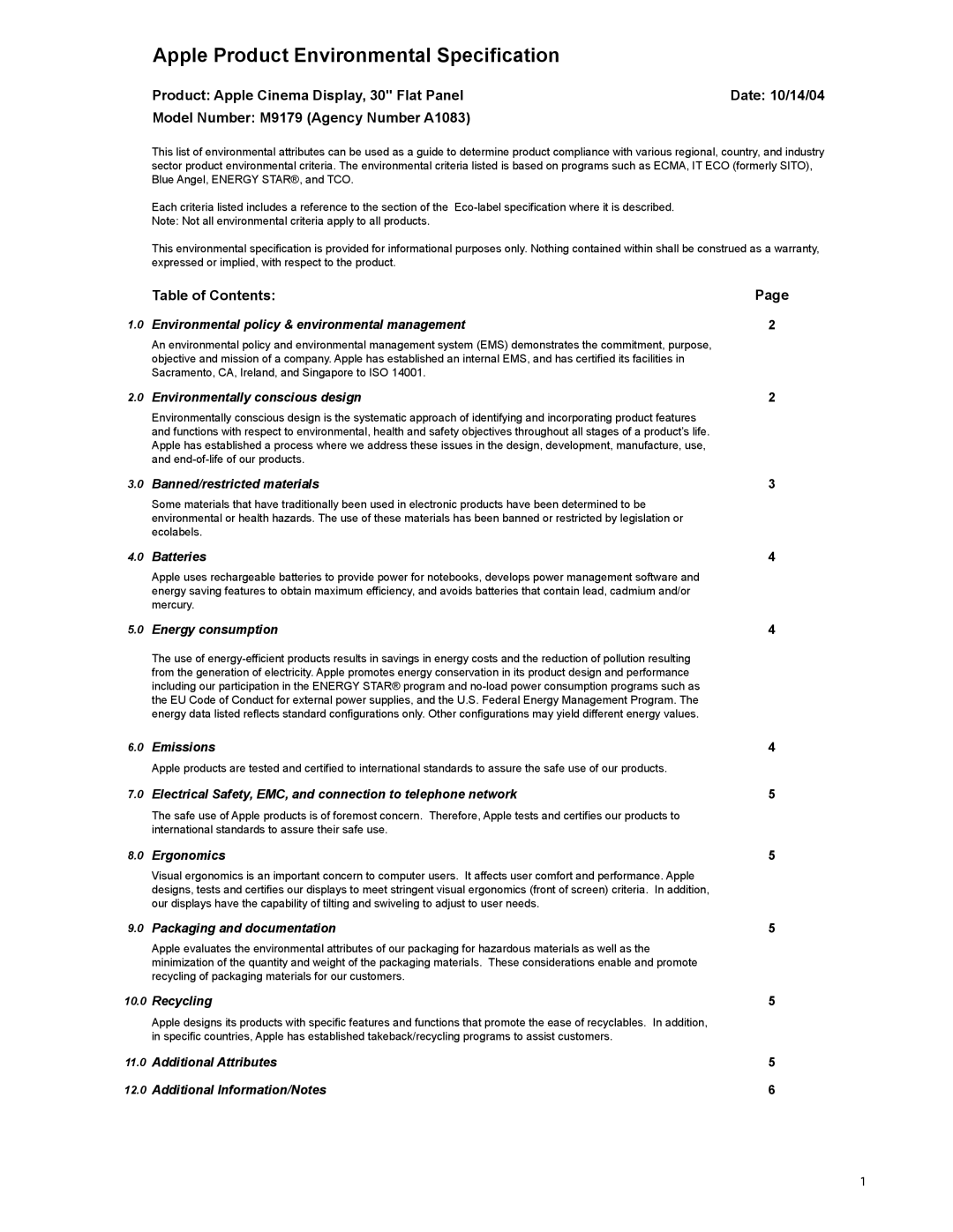 Apple M9179 warranty Apple Product Environmental Specification 