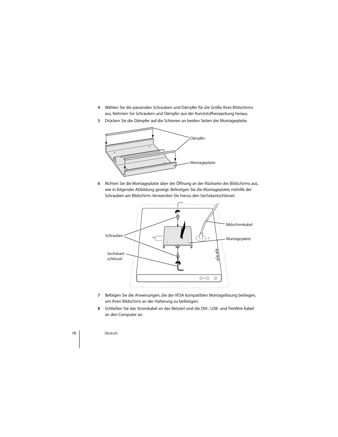 Apple M9649G/A manual Dämpfer Montageplatte, Bildschirmkabel Schrauben Montageplatte Sechskant- schlüssel 