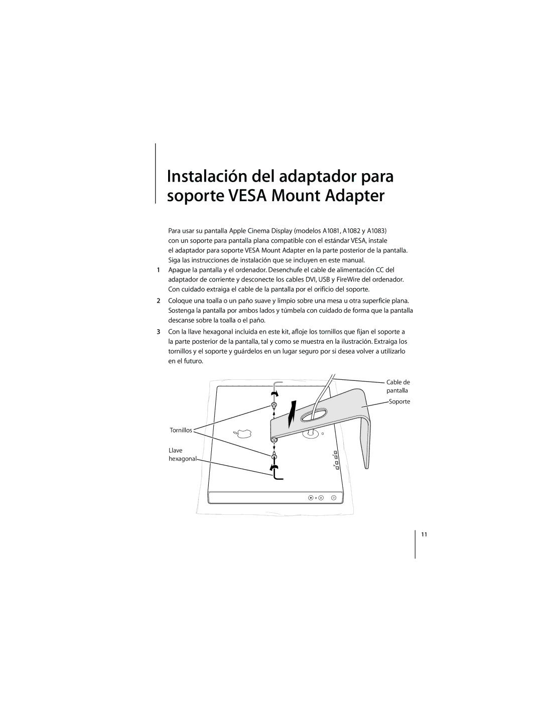 Apple M9649G/A manual Instalación del adaptador para soporte Vesa Mount Adapter, Soporte Tornillos 