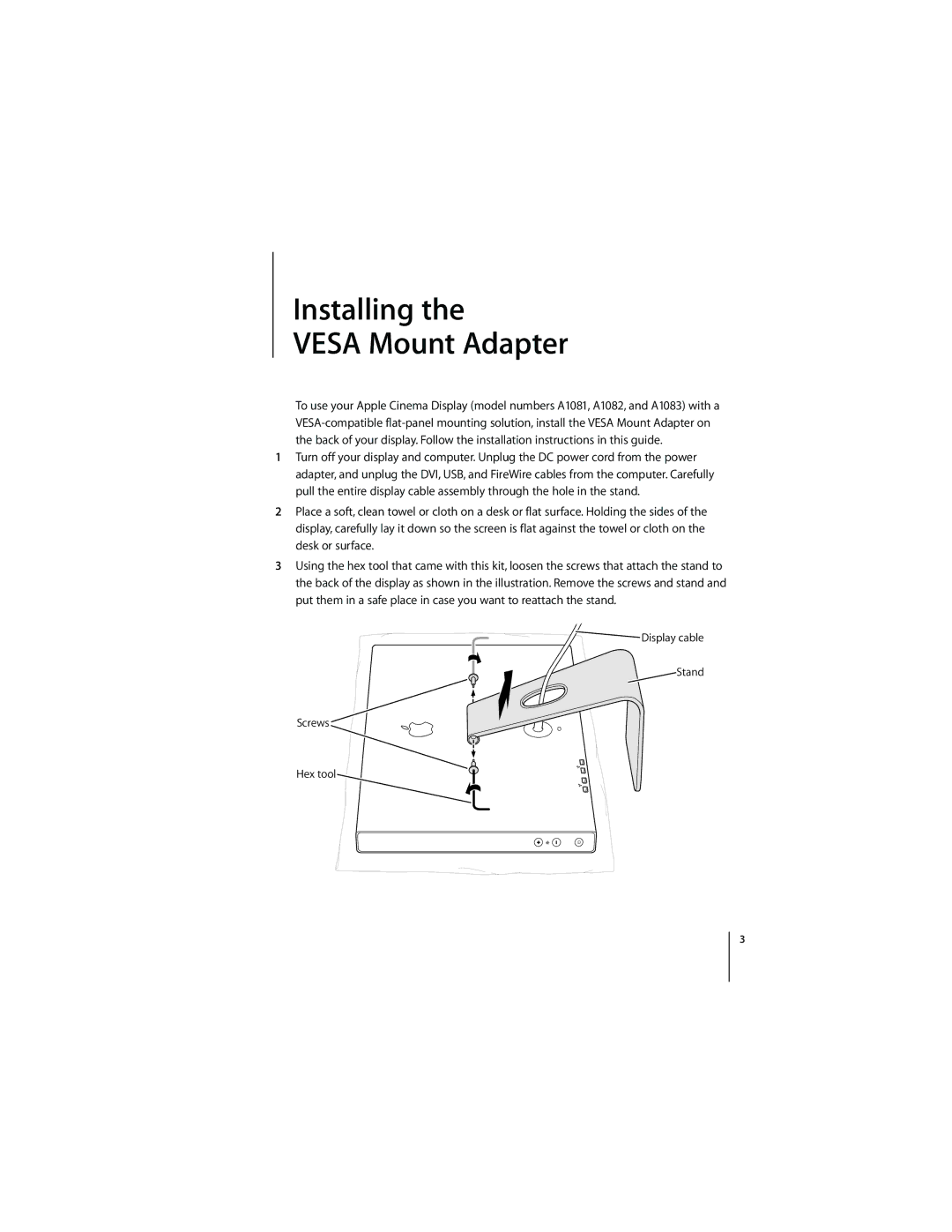 Apple M9649G/A manual Installing Vesa Mount Adapter 