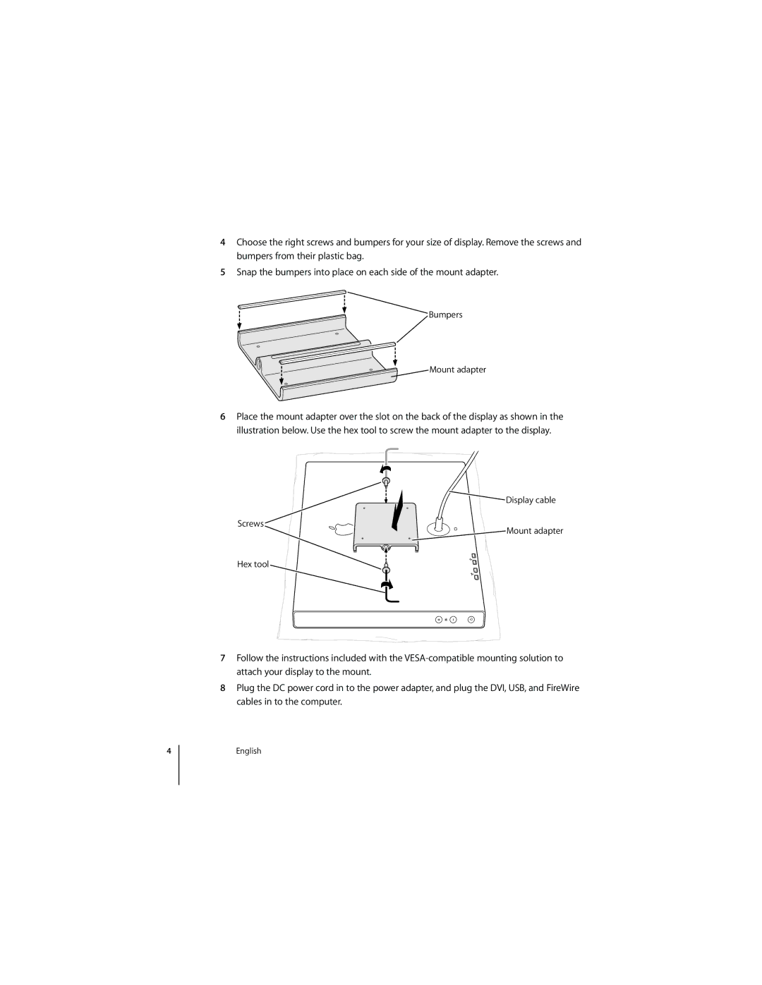 Apple M9649G/A manual Bumpers Mount adapter, Display cable Screws Mount adapter Hex tool 