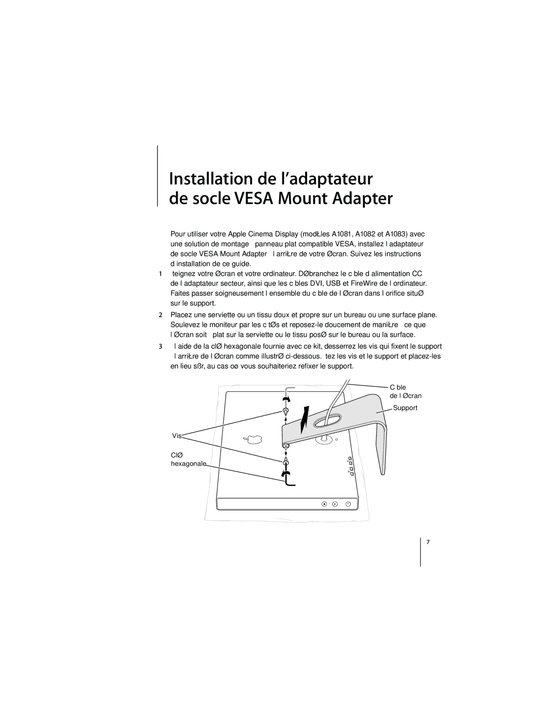 Apple M9649G/A manual Installation de l’adaptateur de socle Vesa Mount Adapter 