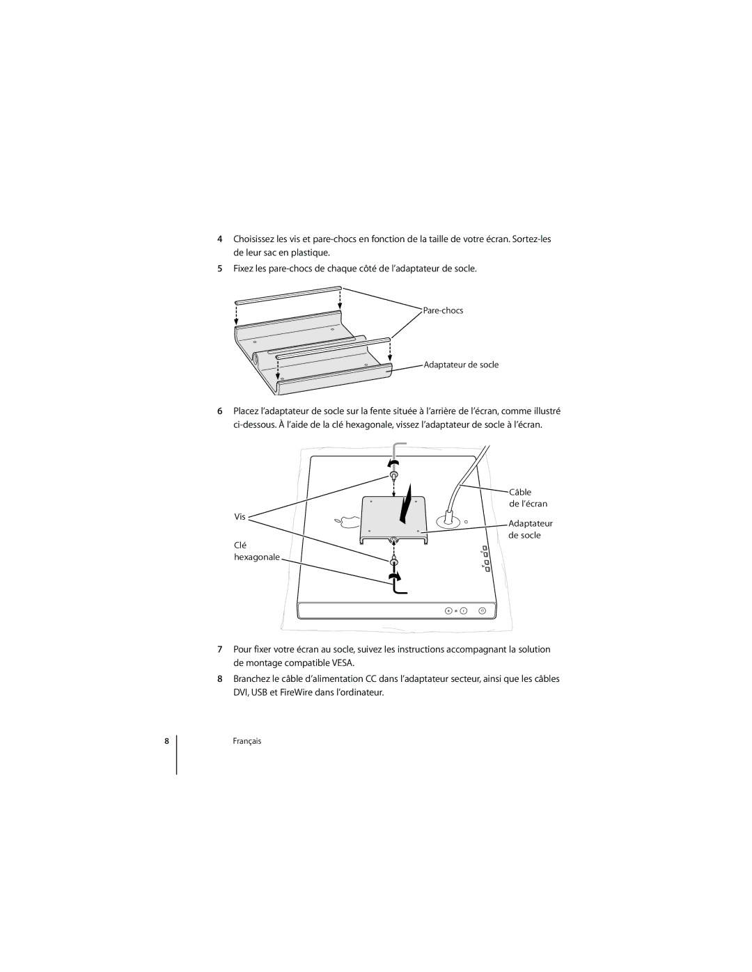 Apple M9649G/A manual Pare-chocs Adaptateur de socle, Câble de l’écran Vis Adaptateur de socle 