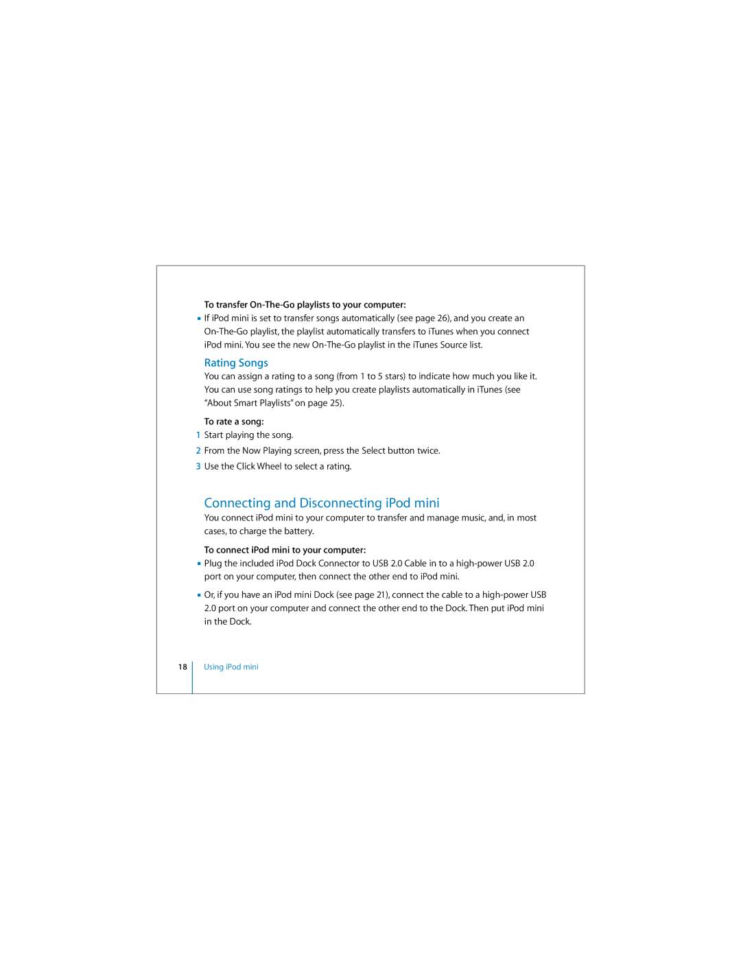 Apple M9803LL/A Connecting and Disconnecting iPod mini, Rating Songs, To transfer On-The-Go playlists to your computer 