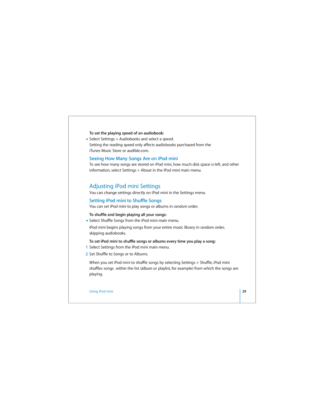 Apple P9802LL/A Adjusting iPod mini Settings, Seeing How Many Songs Are on iPod mini, Setting iPod mini to Shuffle Songs 