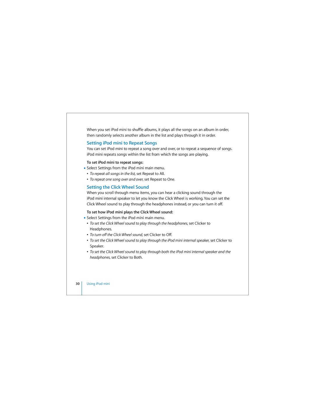 Apple P9437LL/A manual Setting iPod mini to Repeat Songs, Setting the Click Wheel Sound, To set iPod mini to repeat songs 