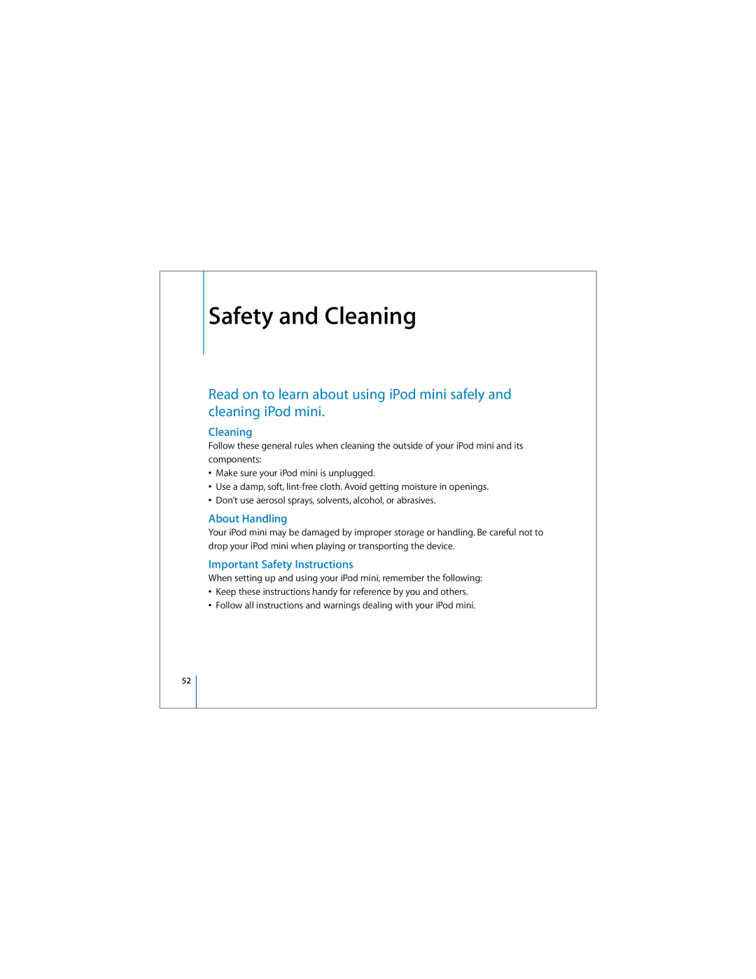 Apple M9805LL/A, M9802LLAR, M9801LLAR, M9800LLAR, M9803LLAR, M9802X/A Cleaning, About Handling, Important Safety Instructions 