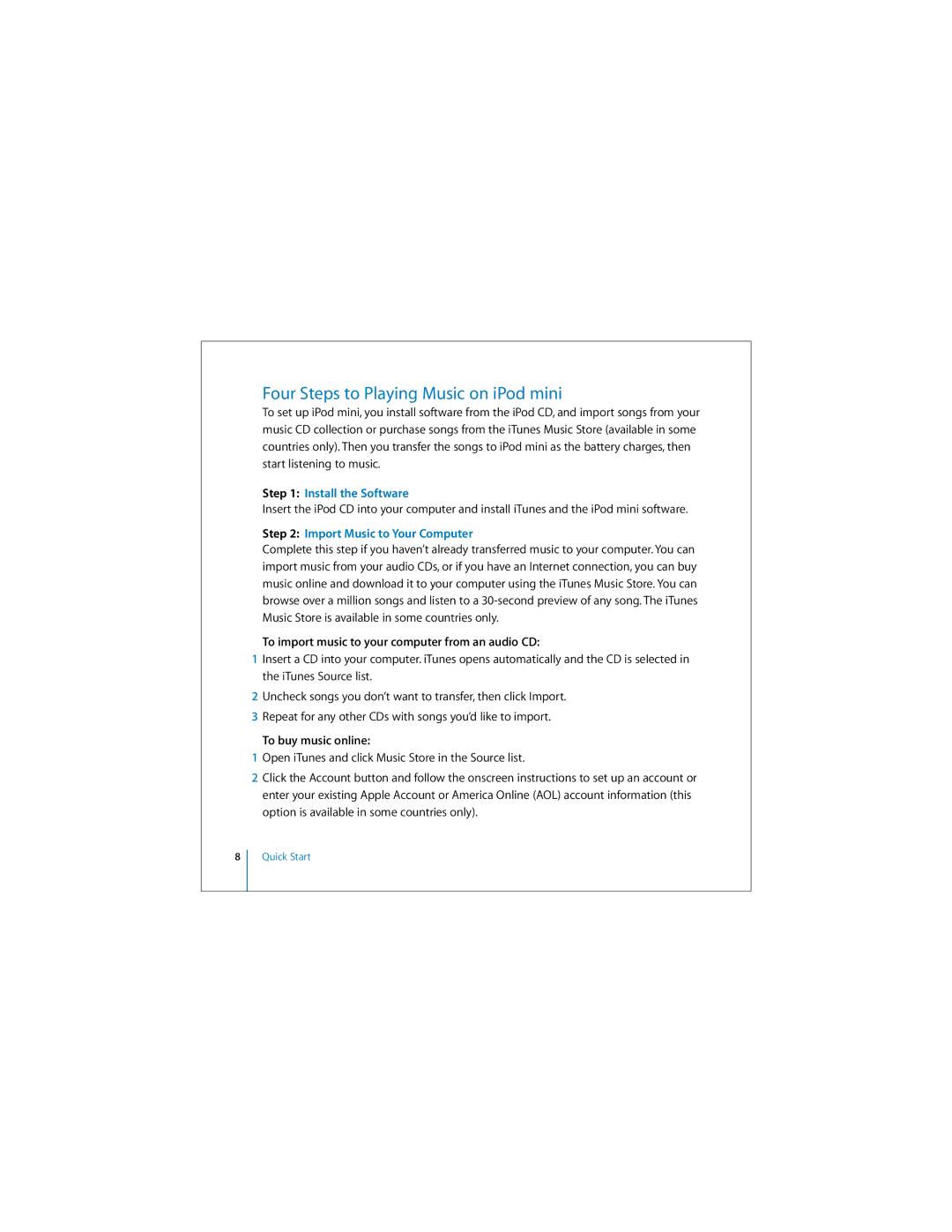 Apple M9434B/A, M9802LLAR manual Four Steps to Playing Music on iPod mini, To import music to your computer from an audio CD 