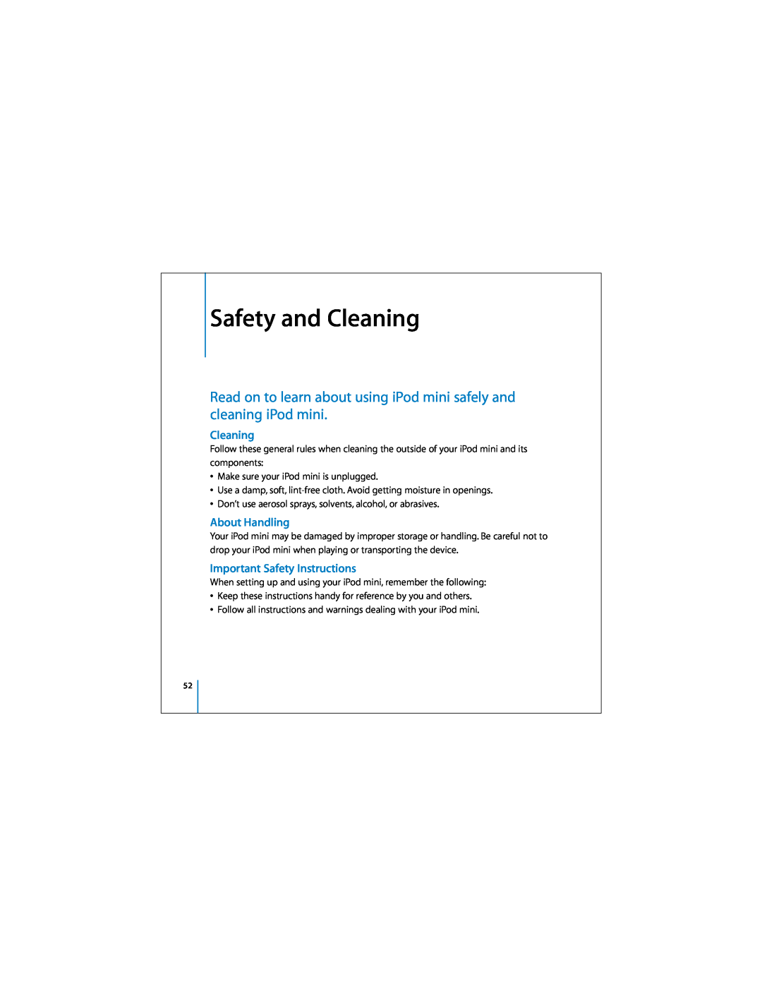 Apple M9805LL/A Safety and Cleaning, Read on to learn about using iPod mini safely and cleaning iPod mini, About Handling 