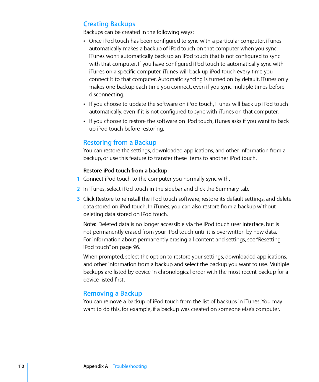 Apple MA623LL/B manual Creating Backups, Restoring from a Backup, Removing a Backup, Restore iPod touch from a backup, 110 