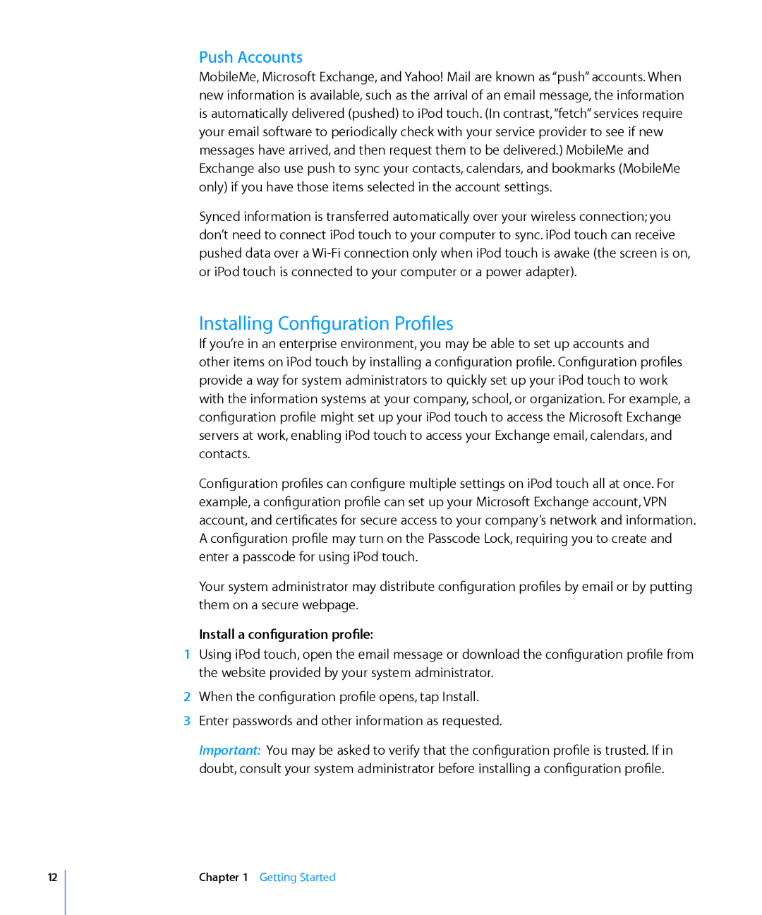 Apple MA623LL/B manual Installing Configuration Profiles, Push Accounts, Install a configuration profile 