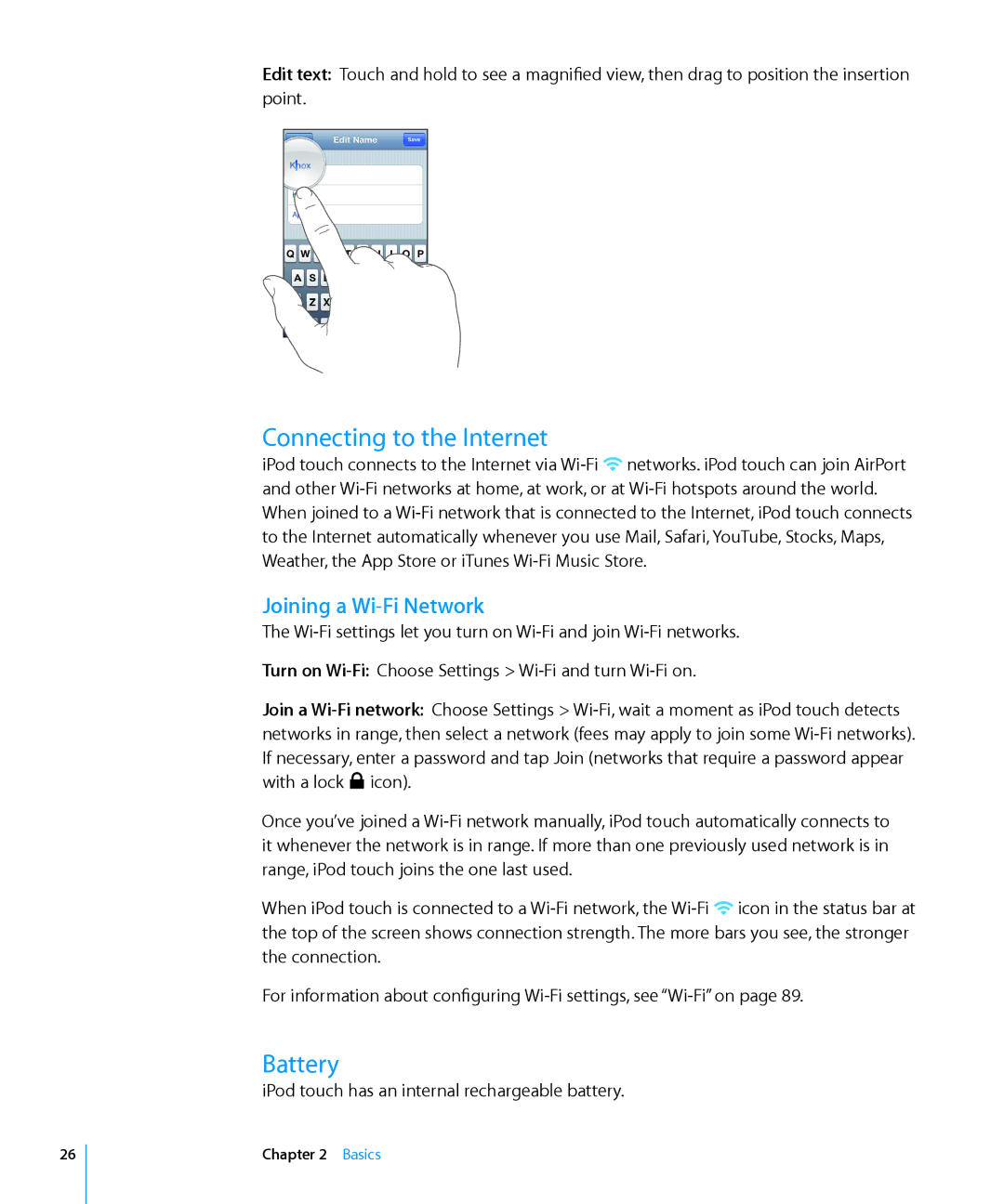 Apple MA623LL/B manual Connecting to the Internet, Battery, Joining a Wi-Fi Network 