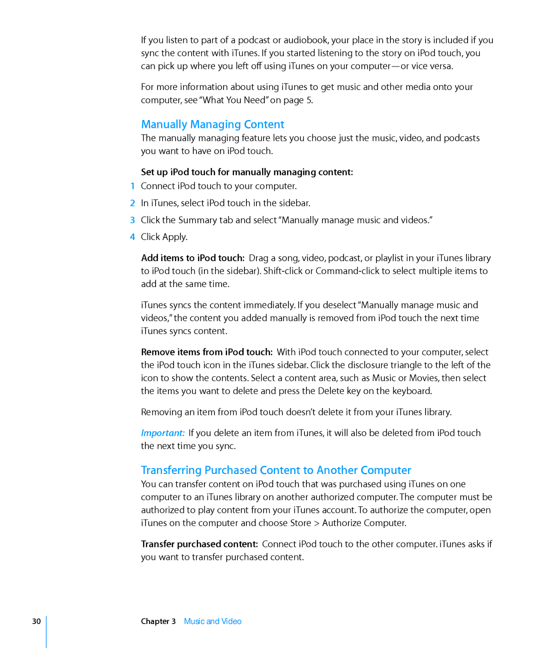 Apple MA623LL/B manual Manually Managing Content, Transferring Purchased Content to Another Computer 