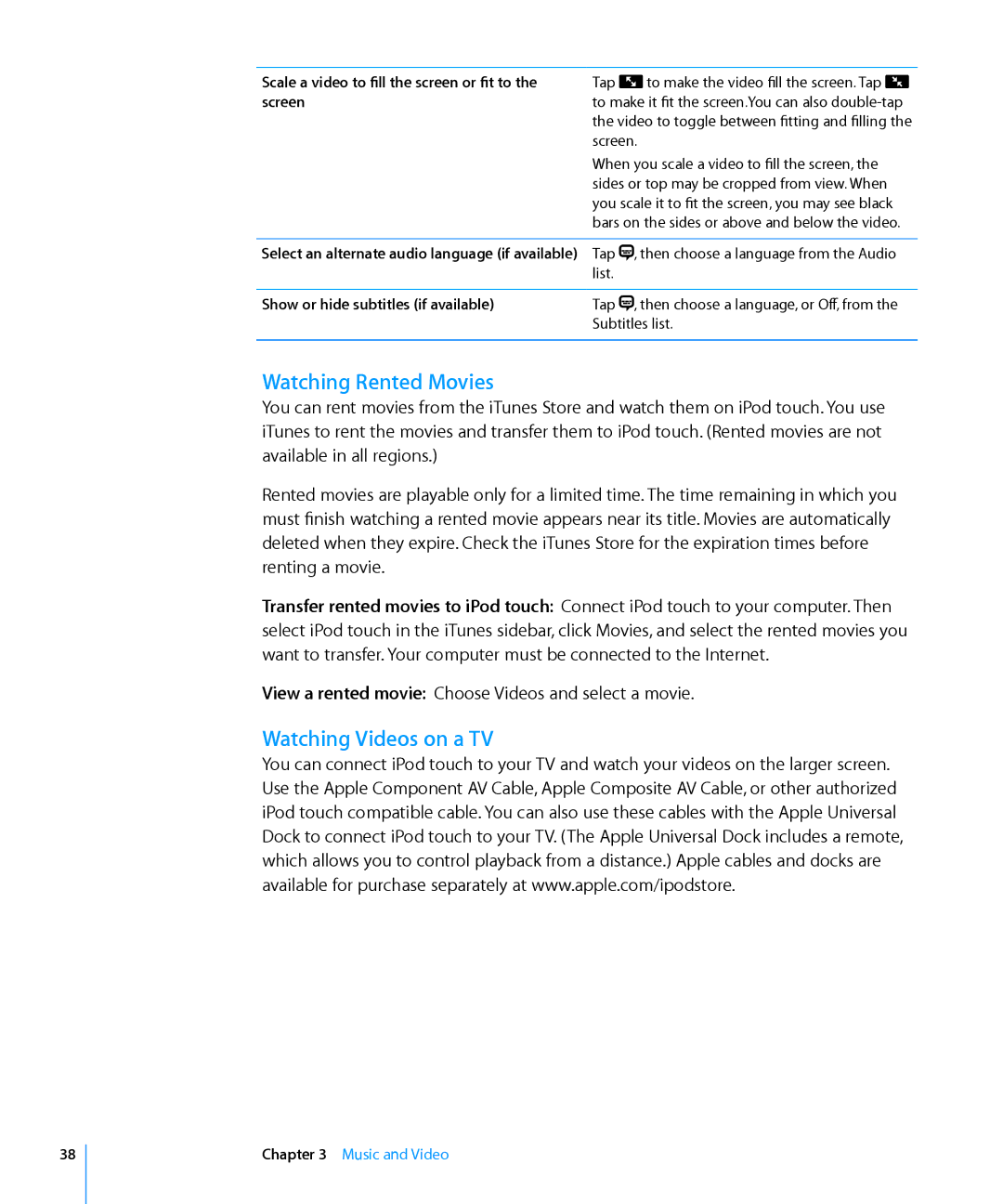 Apple MA623LL/B manual Watching Rented Movies, Watching Videos on a TV, Scale a video to fill the screen or fit to, Screen 