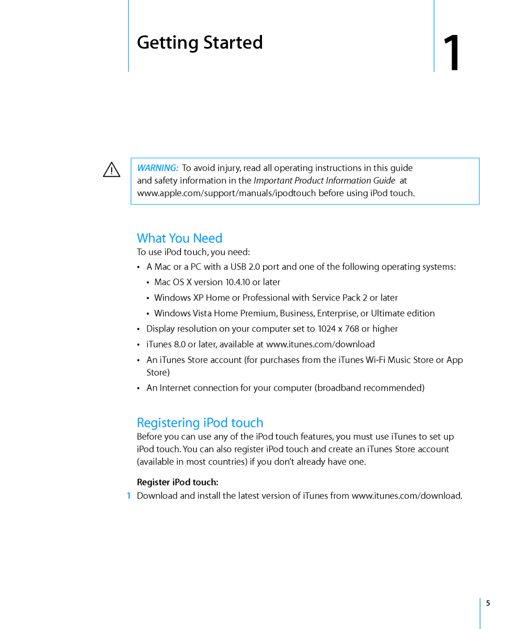 Apple MA623LL/B manual Getting Started, What You Need, Registering iPod touch, Register iPod touch 