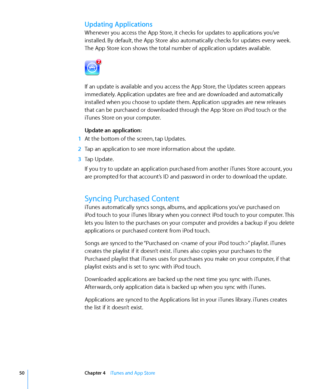 Apple MA623LL/B manual Syncing Purchased Content, Updating Applications, Update an application 