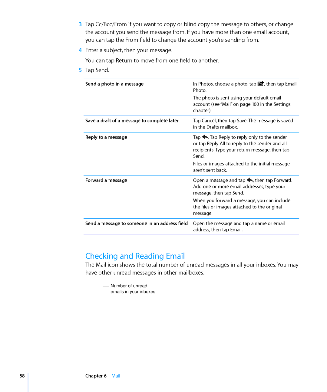 Apple MA623LL/B manual Checking and Reading Email, Send a photo in a message, Reply to a message, Forward a message 