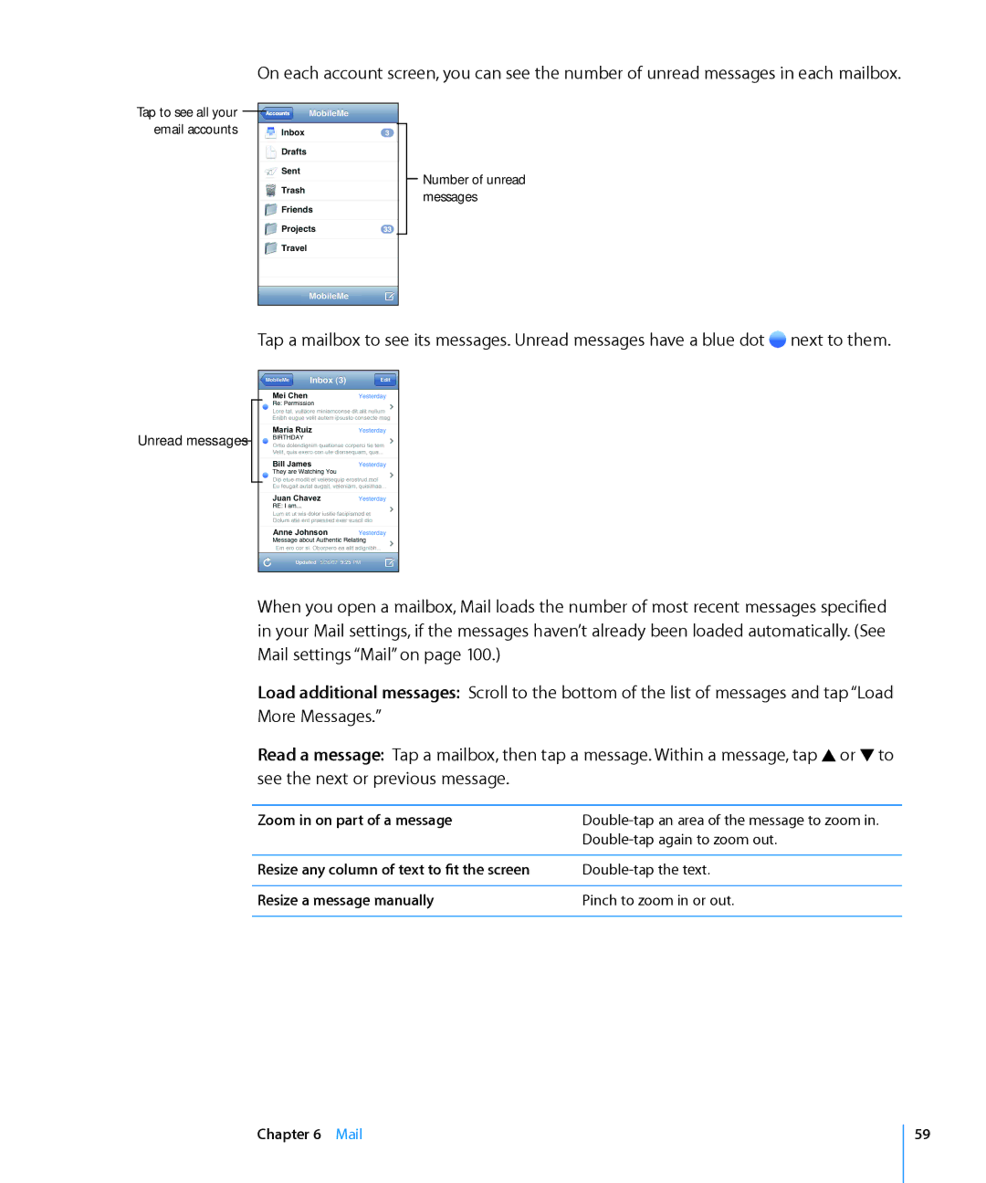 Apple MA623LL/B Zoom in on part of a message, Resize any column of text to fit the screen, Resize a message manually 