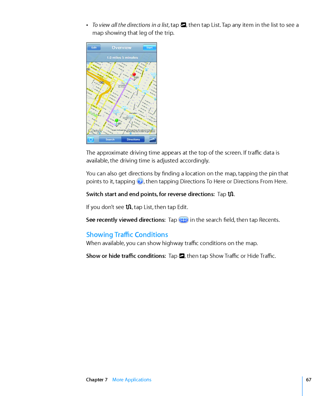 Apple MA623LL/B manual Showing Traffic Conditions, Switch start and end points, for reverse directions Tap 