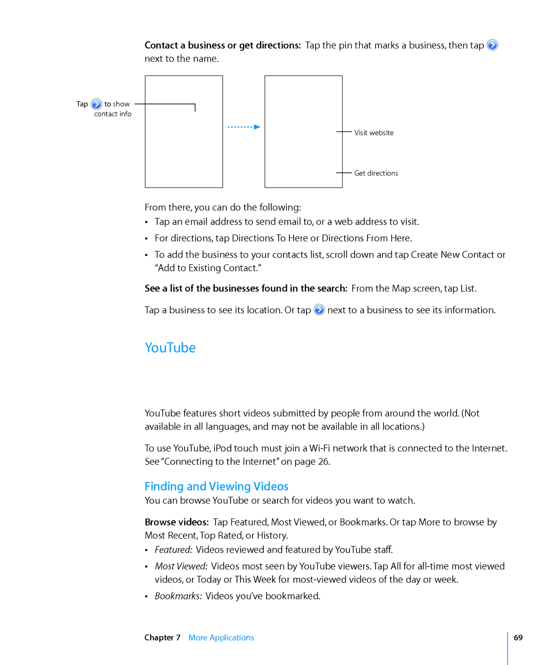 Apple MA623LL/B manual YouTube, Finding and Viewing Videos 