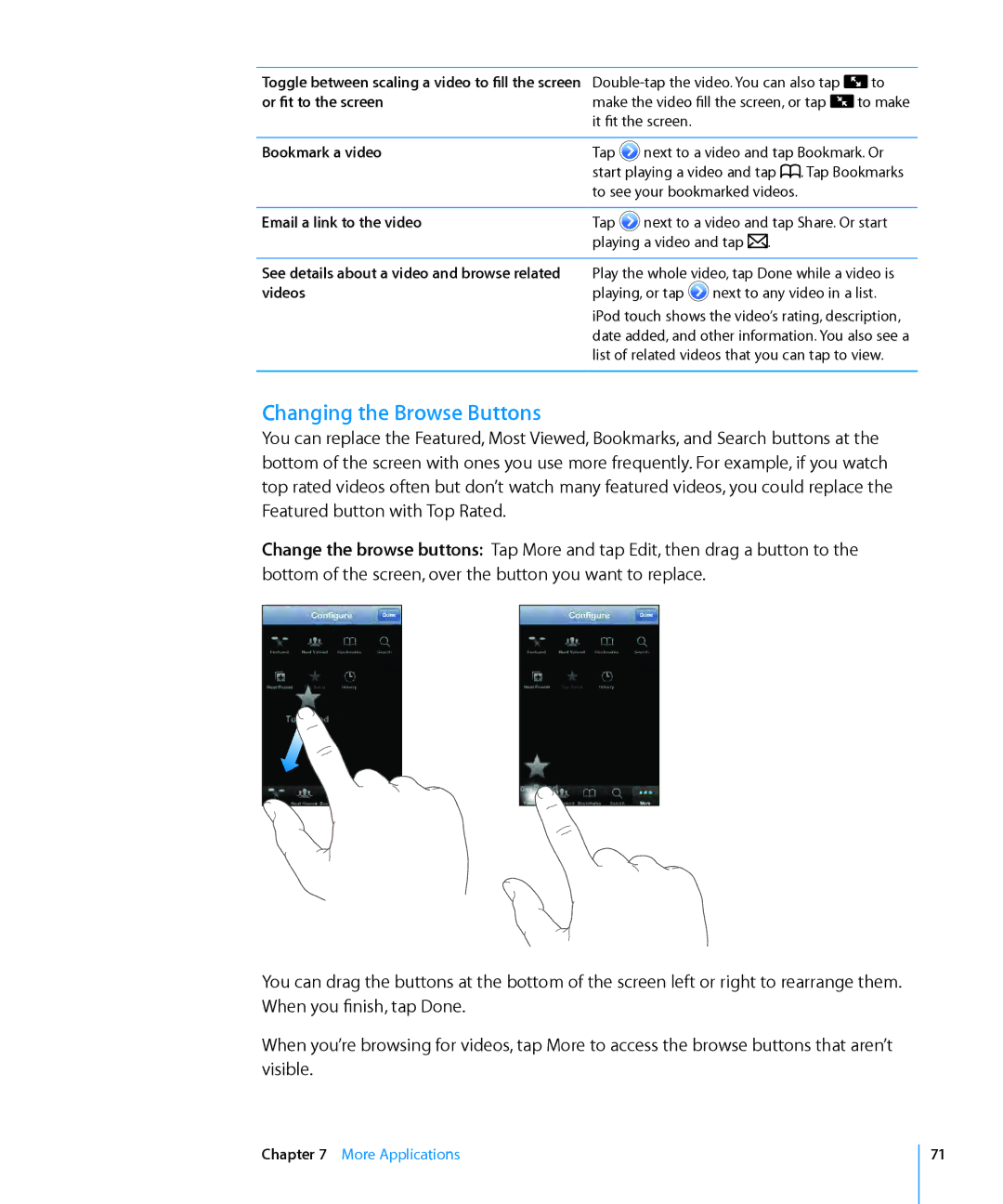 Apple MA623LL/B manual Changing the Browse Buttons, Or fit to the screen, Bookmark a video, Email a link to the video 