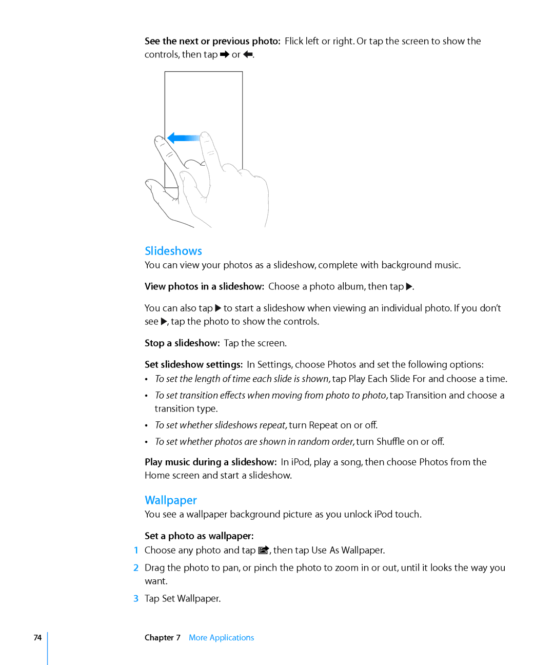 Apple MA623LL/B manual Slideshows, Wallpaper, Stop a slideshow Tap the screen, Set a photo as wallpaper 