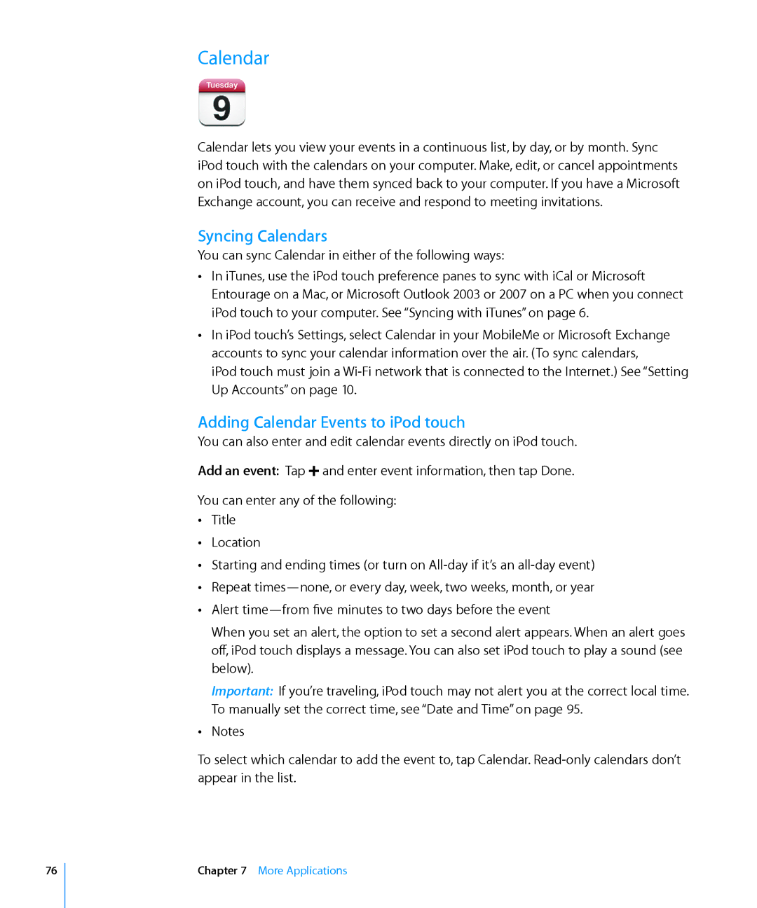 Apple MA623LL/B manual Syncing Calendars, Adding Calendar Events to iPod touch 