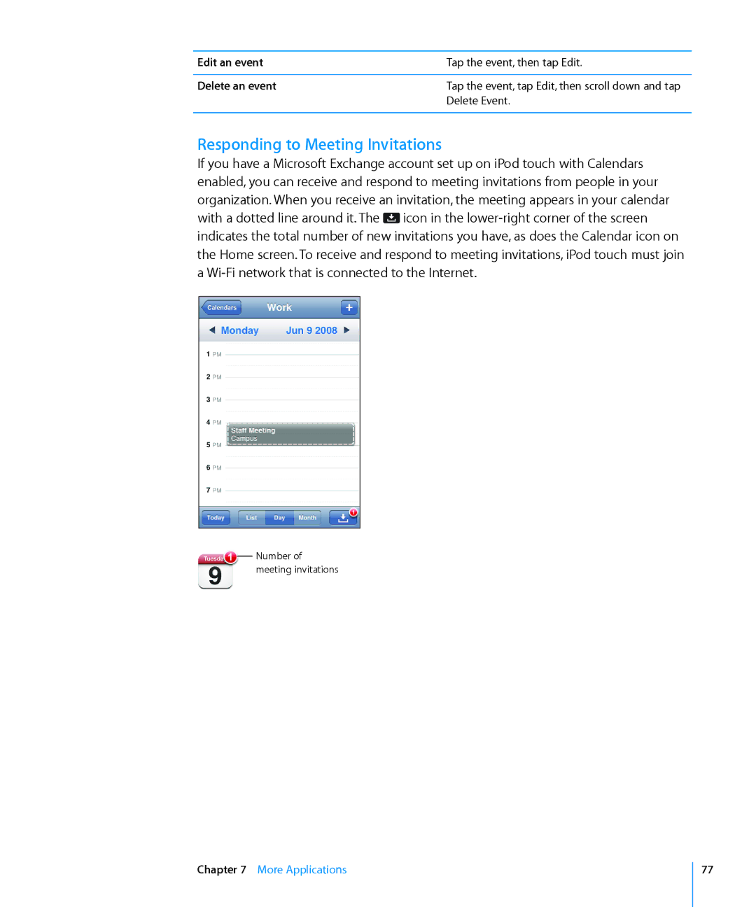 Apple MA623LL/B manual Responding to Meeting Invitations, Edit an event, Delete an event 