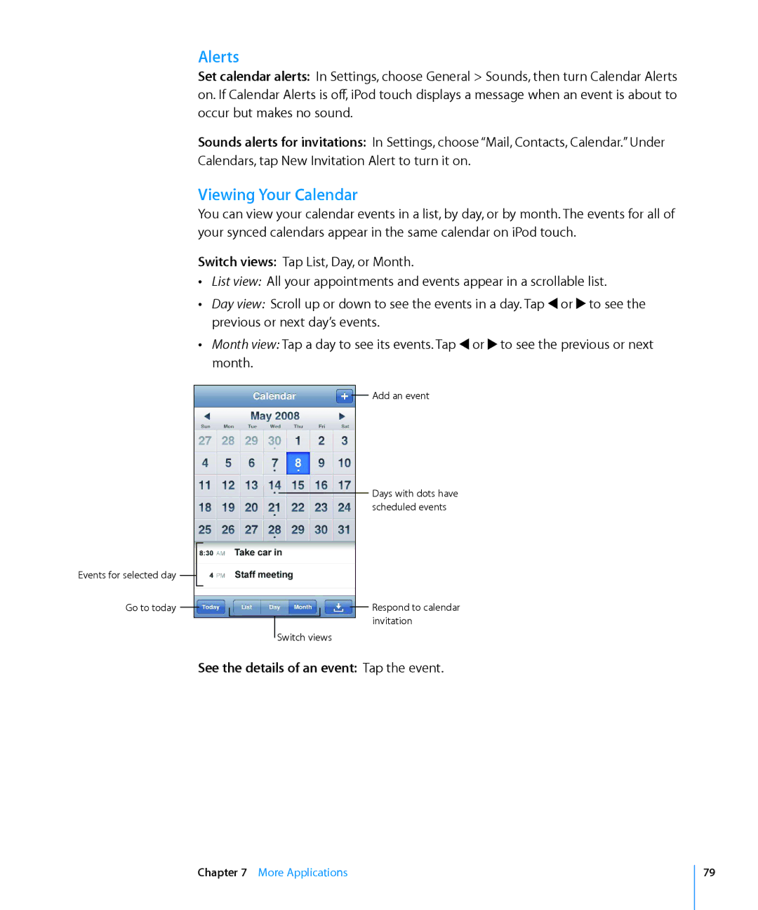 Apple MA623LL/B manual Alerts, Viewing Your Calendar, See the details of an event Tap the event 