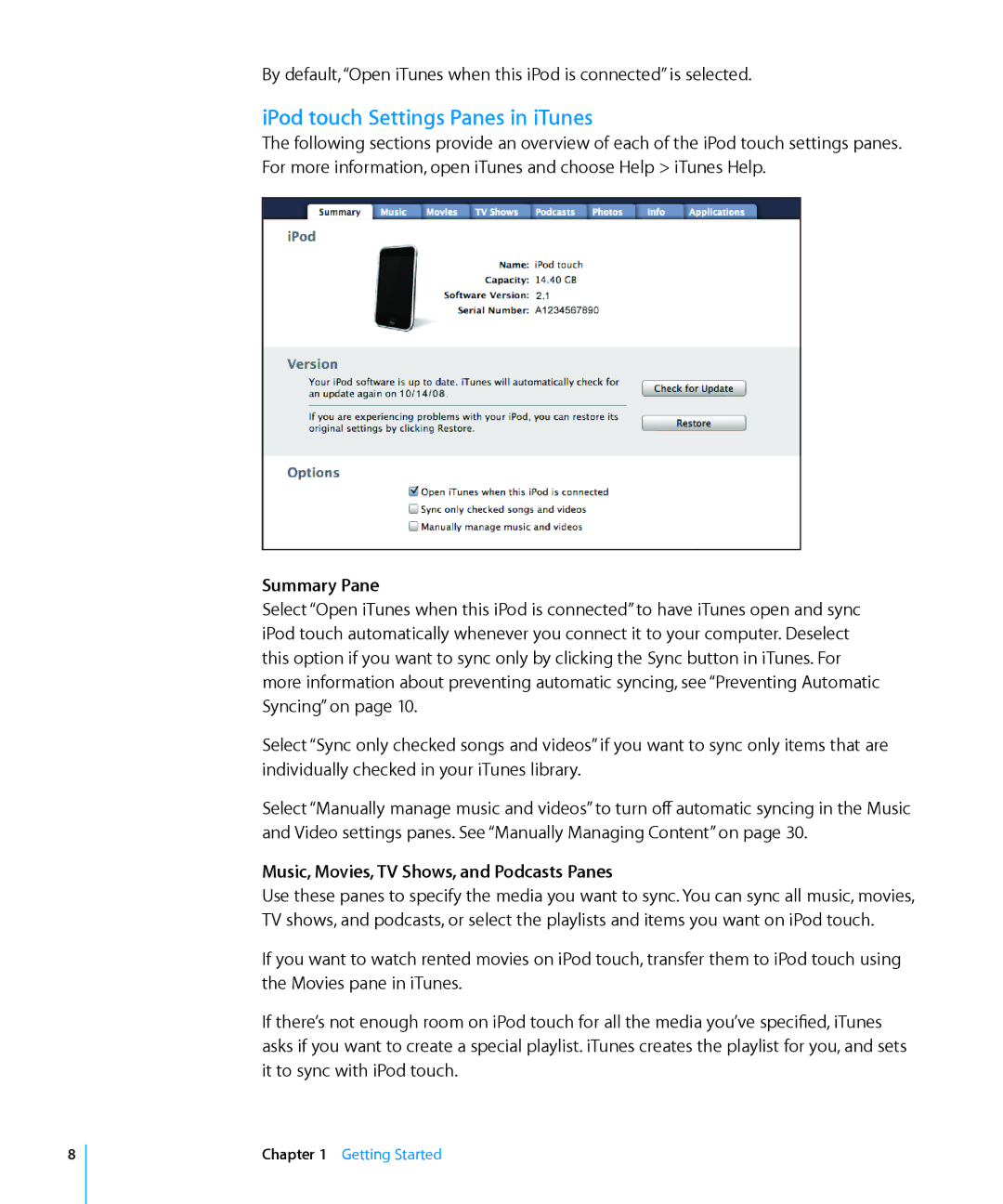 Apple MA623LL/B manual IPod touch Settings Panes in iTunes, Summary Pane, Music, Movies, TV Shows, and Podcasts Panes 