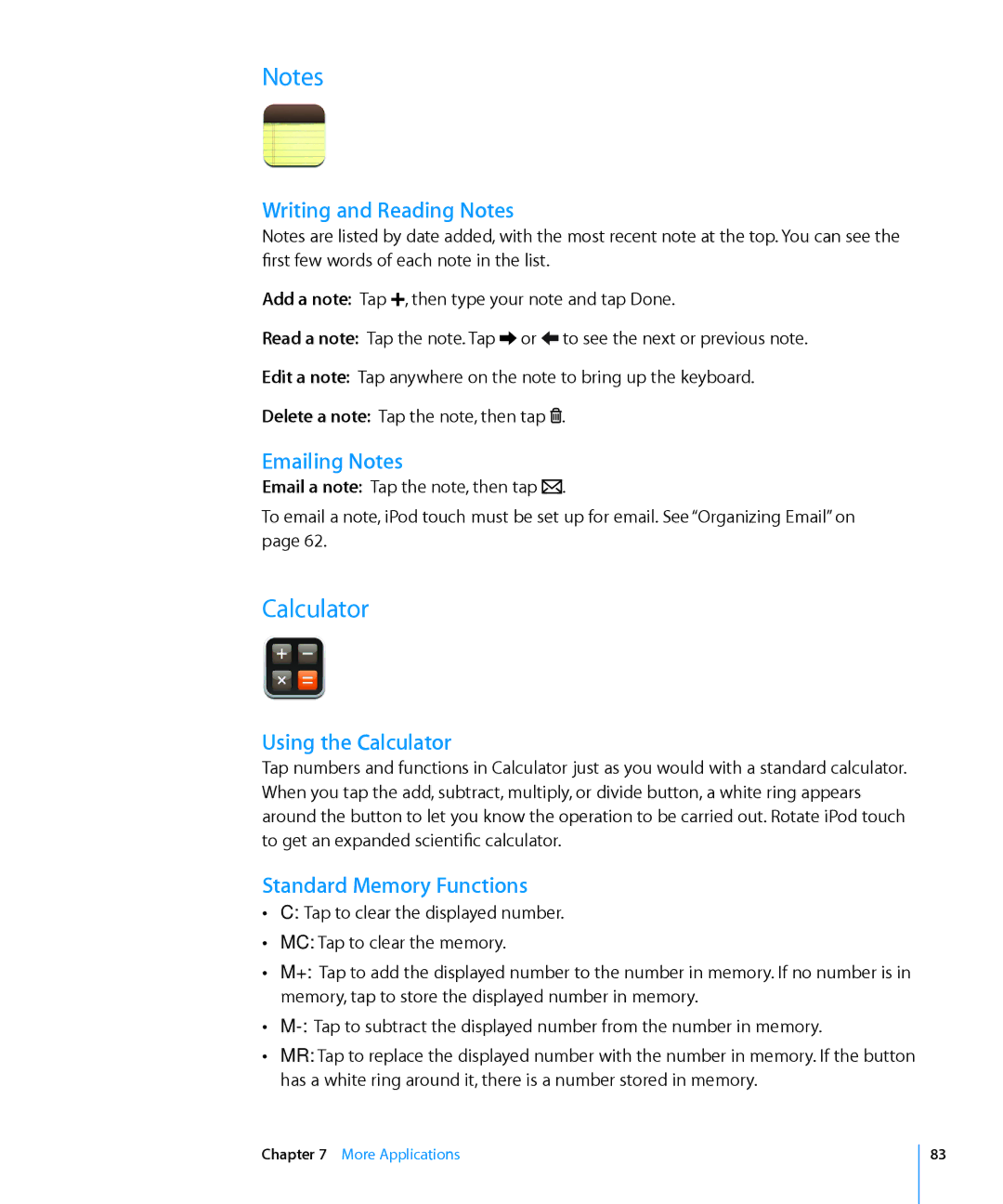 Apple MA623LL/B manual Writing and Reading Notes, Emailing Notes, Using the Calculator, Standard Memory Functions 