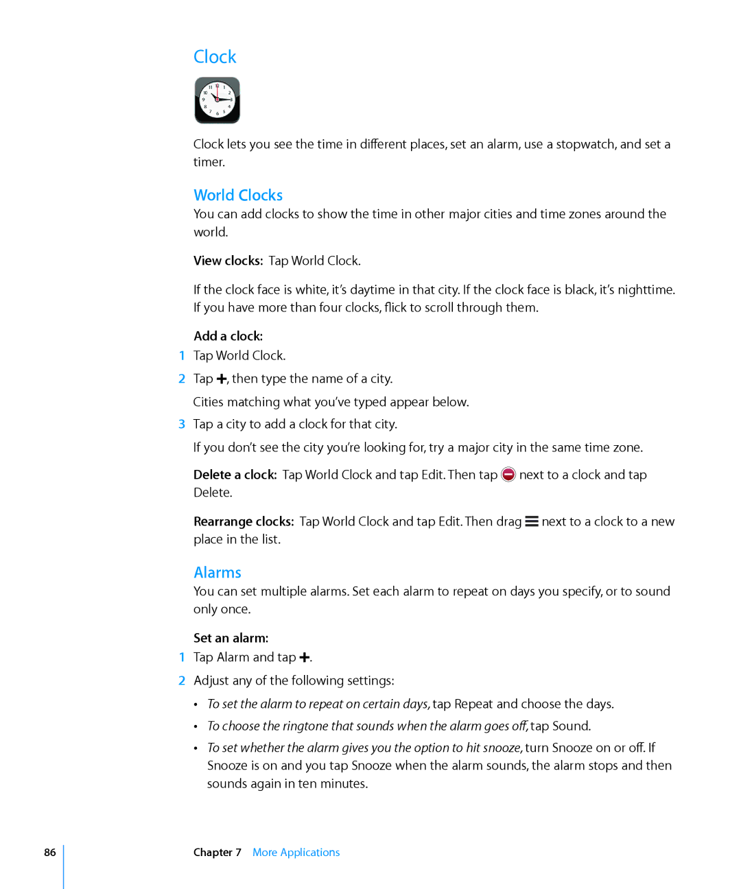 Apple MA623LL/B manual World Clocks, Alarms, Add a clock, Set an alarm 