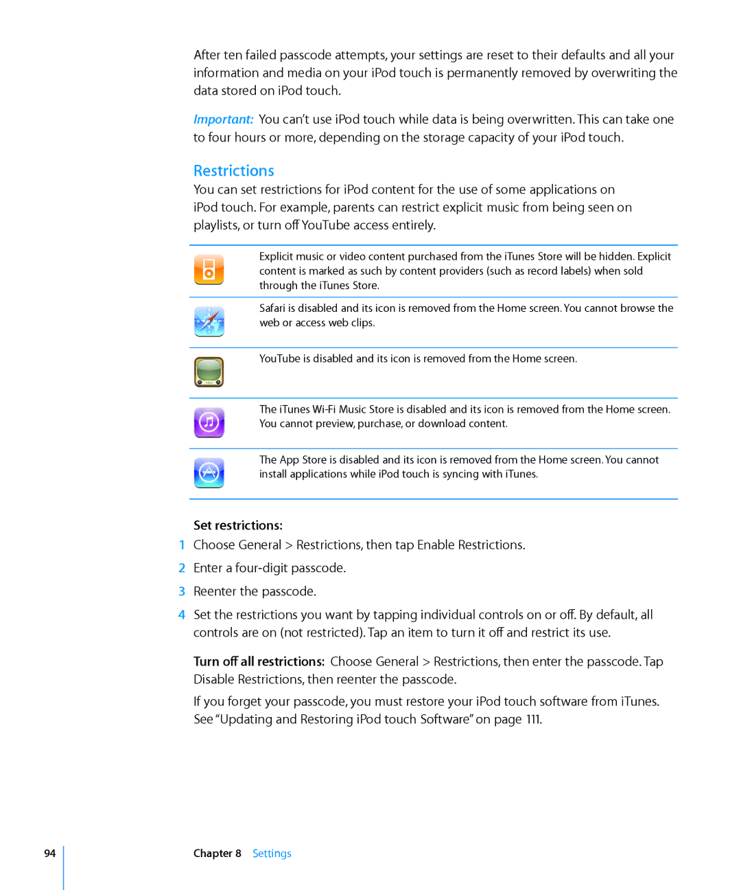 Apple MA623LL/B manual Restrictions, Set restrictions 