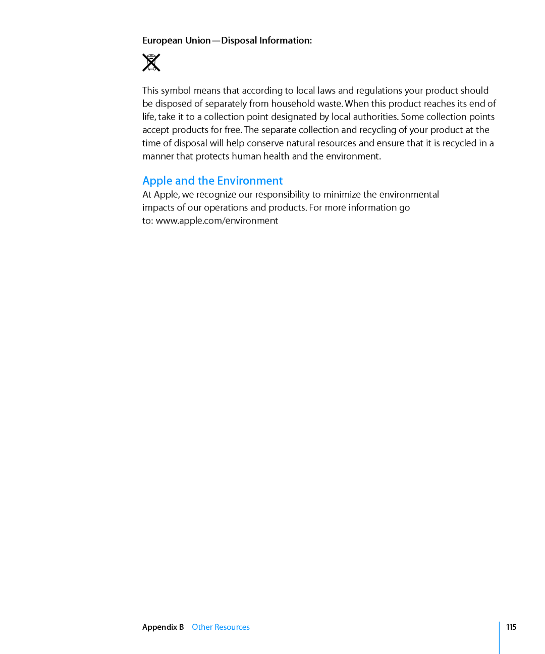 Apple MA623LL/B manual Apple and the Environment, European Union-Disposal Information 