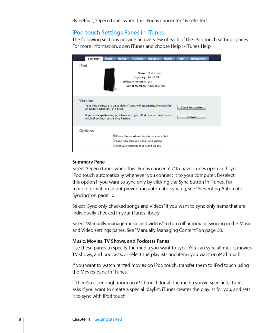 Apple MA623LL/B manual iPod touch Settings Panes in iTunes, Summary Pane, Music, Movies, TV Shows, and Podcasts Panes 