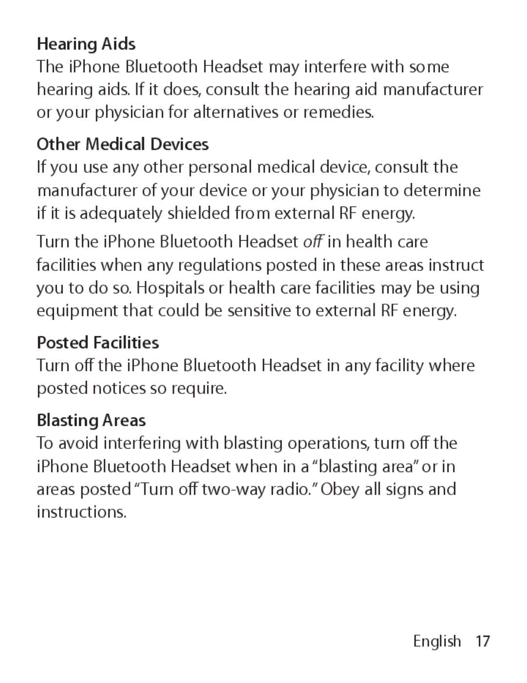 Apple MA817LL/A manual Hearing Aids, Other Medical Devices, Posted Facilities, Blasting Areas 