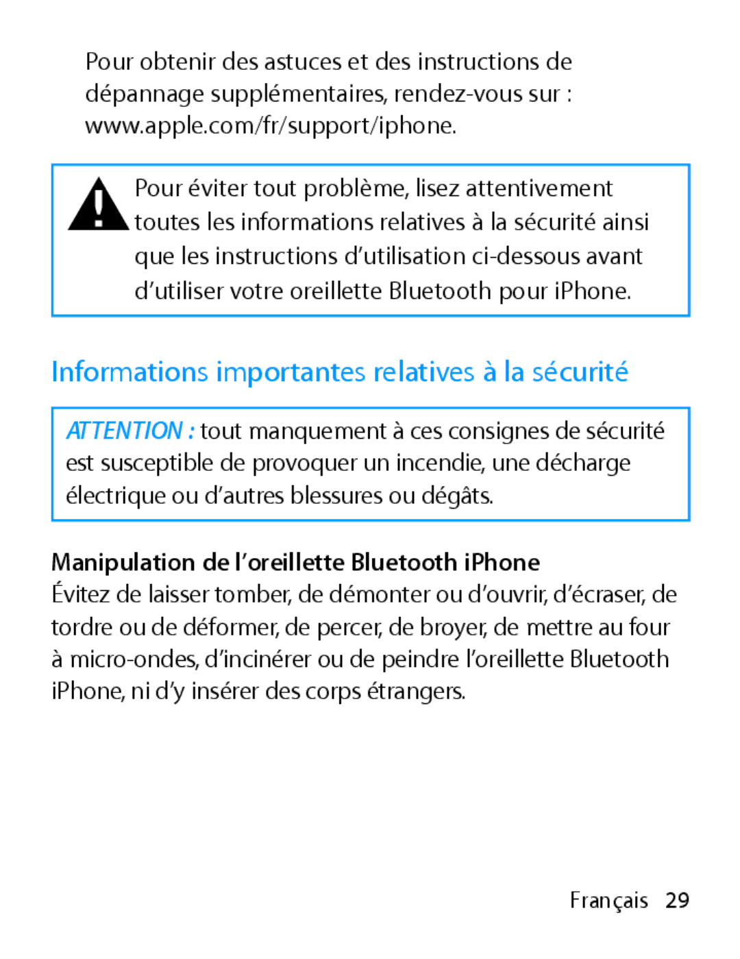 Apple MA817LL/A manual Informations importantes relatives à la sécurité, Manipulation de l’oreillette Bluetooth iPhone 