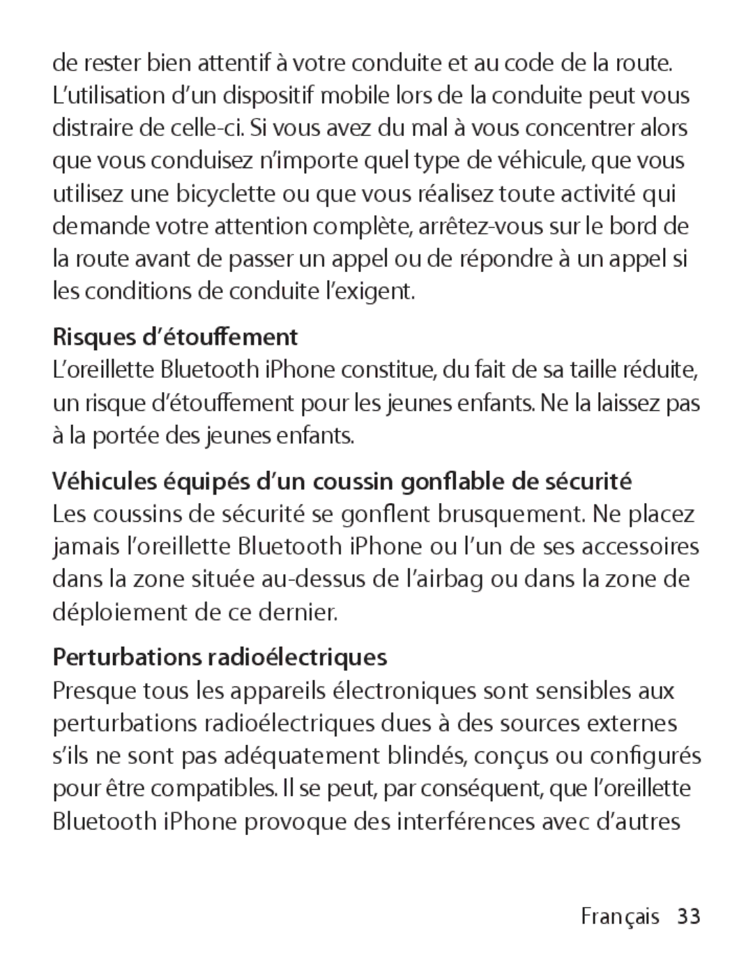 Apple MA817LL/A Risques d’étou∂ement, Véhicules équipés d’un coussin gonﬂable de sécurité, Perturbations radioélectriques 