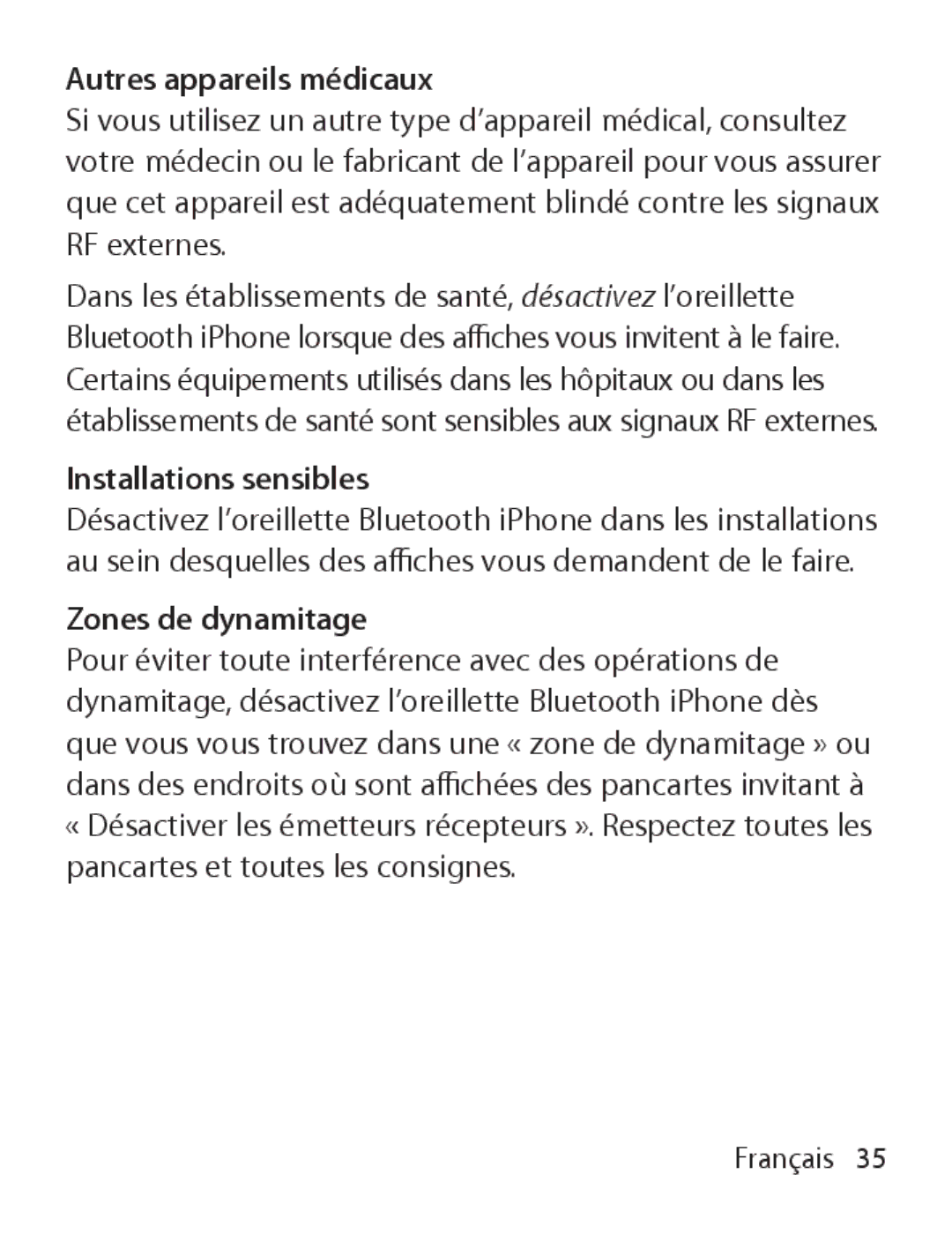 Apple MA817LL/A manual Autres appareils médicaux, Installations sensibles, Zones de dynamitage 