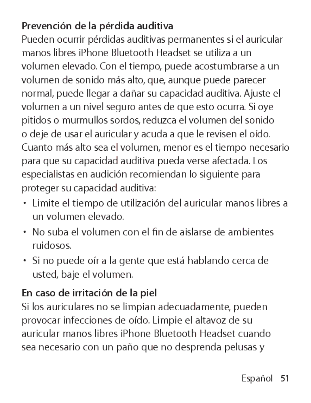 Apple MA817LL/A manual Prevención de la pérdida auditiva, En caso de irritación de la piel 