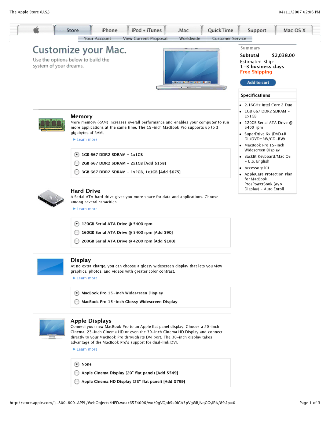 Apple Mac Computer specifications Memory, Hard Drive, Apple Displays 