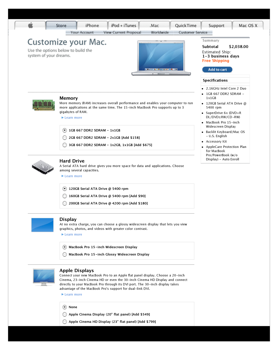 Apple Mac Computer specifications Memory, Hard Drive, Apple Displays, Learn more, Subtotal $2,038.00, Estimated Ship 