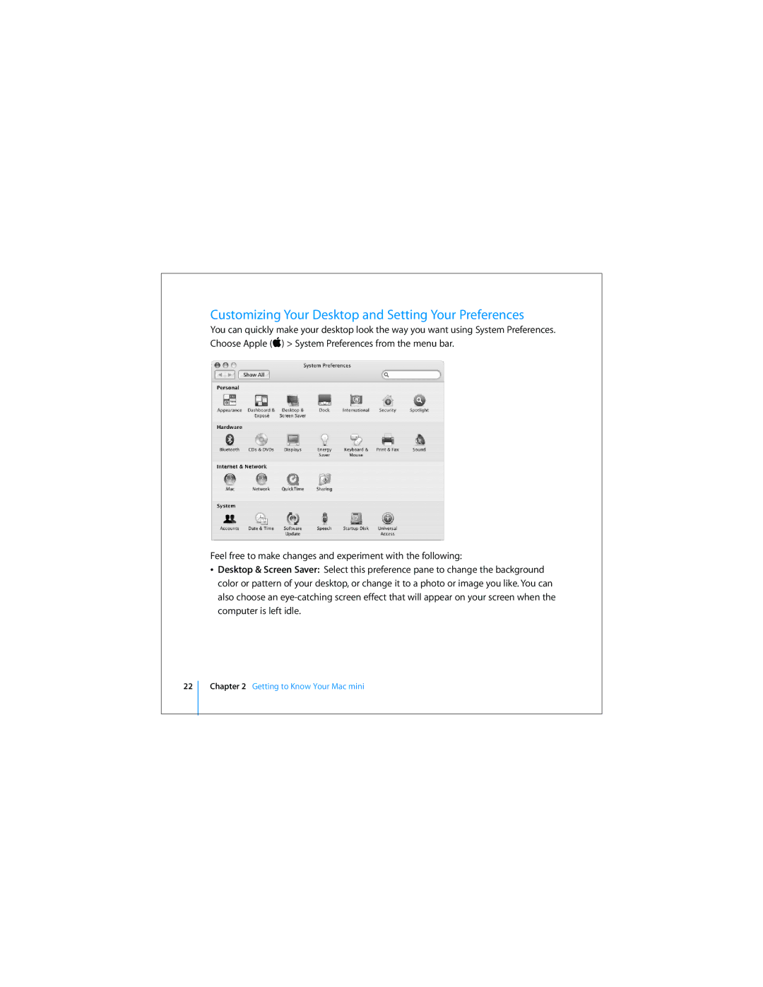 Apple Mac Mini 19 manual Customizing Your Desktop and Setting Your Preferences 