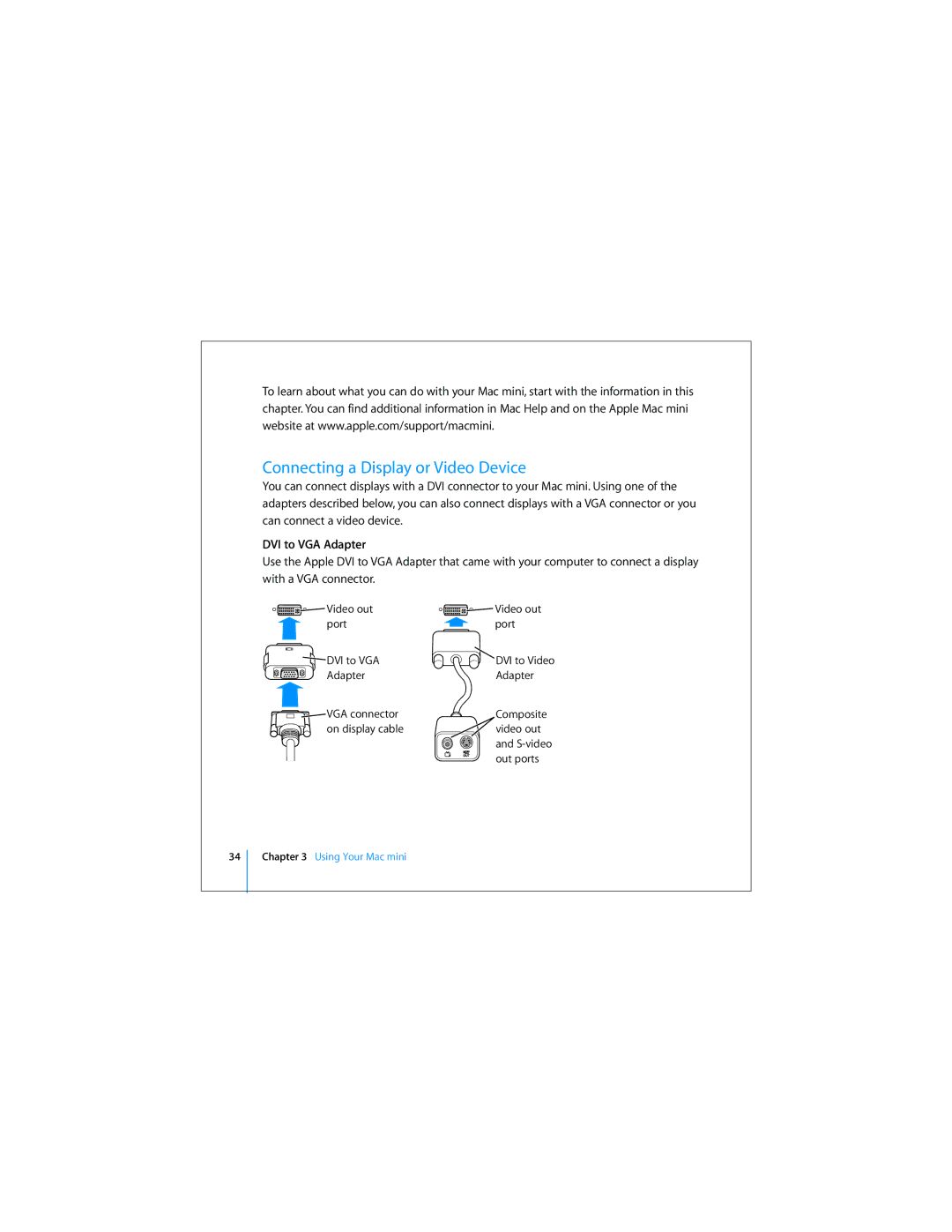 Apple Mac Mini 19 manual Connecting a Display or Video Device, DVI to VGA Adapter 